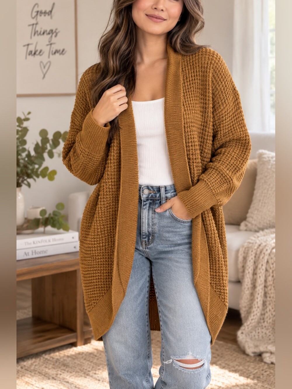 Jessica Simpson 1X Waffle Knit Open Front Chunky Cardigan